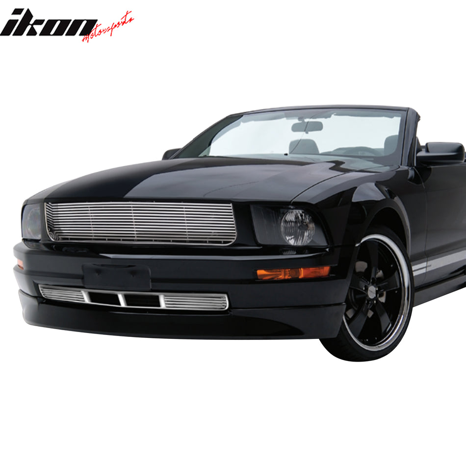 IKON MOTORSPORTS Front Upper Grille, Compatible with 2005-2009 Ford Mustang V6, Billet Style Chrome ABS Plastic Replacement Front Bumper Hood Grill 2PCS