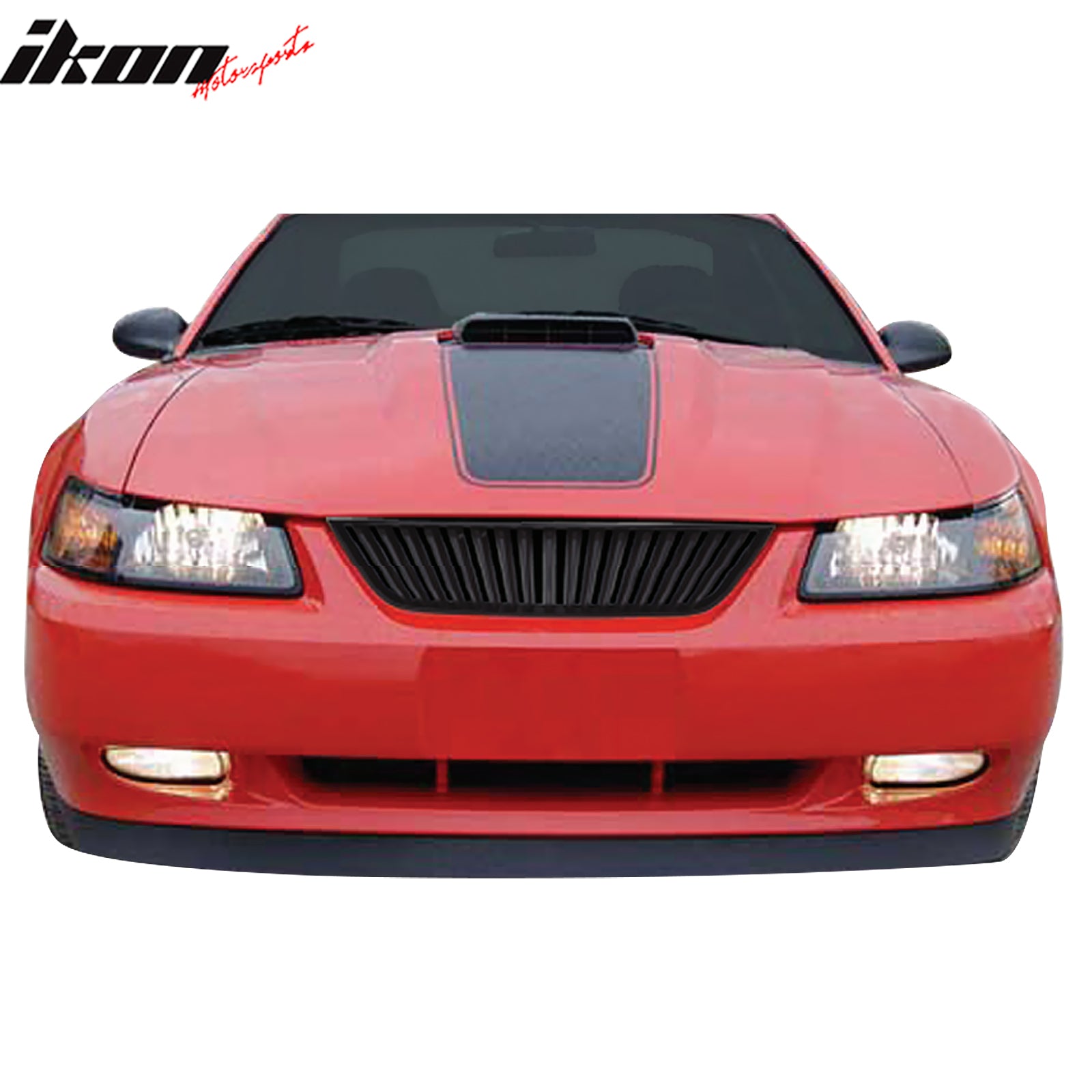 IKON MOTORSPORTS Front Upper Grille, Compatible with 1999-2004 Ford Mustang, Billet Style Black ABS Plastic Replacement Front Bumper Hood Grill 1PC