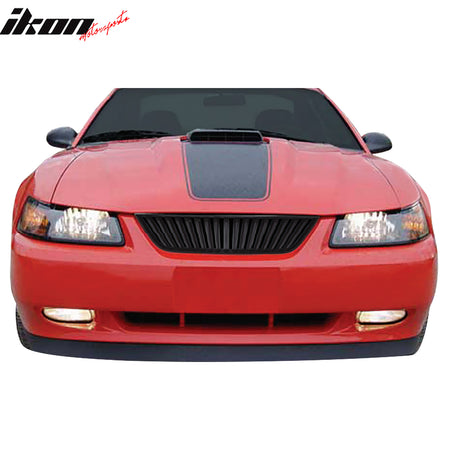 IKON MOTORSPORTS Front Upper Grille, Compatible with 1999-2004 Ford Mustang, Billet Style Black ABS Plastic Replacement Front Bumper Hood Grill 1PC