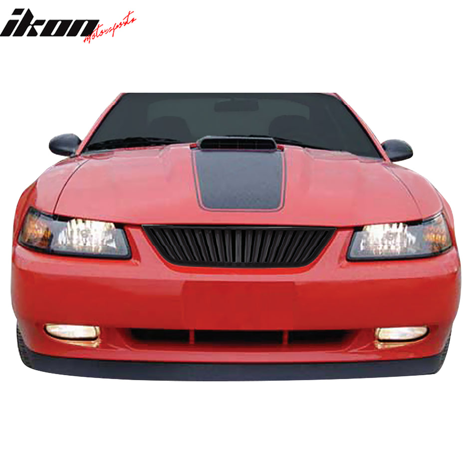 IKON MOTORSPORTS Front Upper Grille, Compatible with 1999-2004 Ford Mustang, Billet Style Black ABS Plastic Replacement Front Bumper Hood Grill 1PC