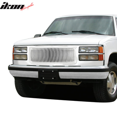 IKON MOTORSPORTS Front Upper Grille, Compatible with 1994-2001 GMC C1500/C2500/C3500/K1500/K2500/K3500, Vertical Style Chrome ABS Plastic Replacement Front Bumper Hood Grill 1PC