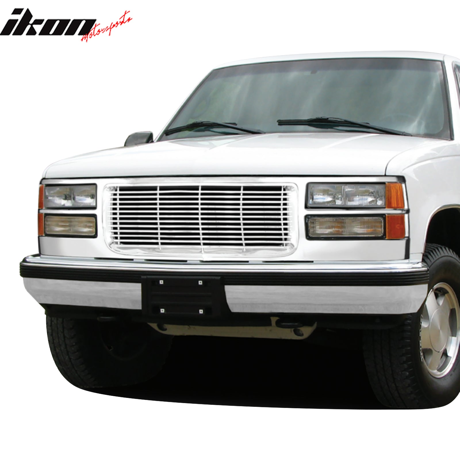 IKON MOTORSPORTS Front Upper Grille, Compatible with 1994-2001 GMC C1500/C2500/C3500/K1500/K2500/K3500; 1994-1999 C1500 Suburban/C2500 Suburban/K1500 Suburban/K2500 Suburban/GMC Yukon, Billet Style Chrome ABS Plastic Replacement Front Bumper Hood Grill 1PC