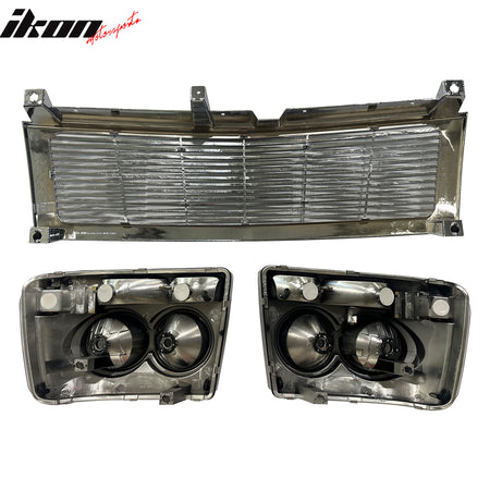 IKON MOTORSPORTS Front Bumper Upper Grille W/Headlights, Compatible with 1999-2002 Chevrolet Silverado, RR Style Chrome Grille/Black Head Lamp Replacement Front Bumper Grill Assembly