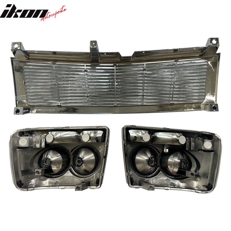 IKON MOTORSPORTS Front Bumper Upper Grille W/Headlights, Compatible with 1999-2002 Chevrolet Silverado, RR Style Chrome Grille/Black Head Lamp Replacement Front Bumper Grill Assembly
