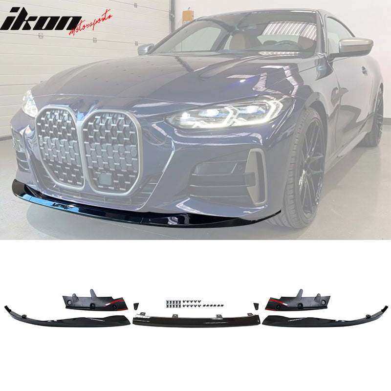 IKON MOTORSPORTS, Front & Rear Lip + Side Skirts Compatible With 2021-2023 BMW G22 G23 4-Series 430i M440i, Gloss Black M-Performance Front Bumper Lip Splitters Side Skirts M440 Rear Diffuser Lip
