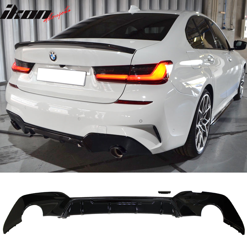 IKON MOTORSPORTS, Front Bumper Lip & Rear Diffuser & Side Skirts Compatible With 2019-2022 BMW G20, 3 Series M-Performace Style Gloss Black Front Lip Chin Spoiler Rocker Panels 2PC