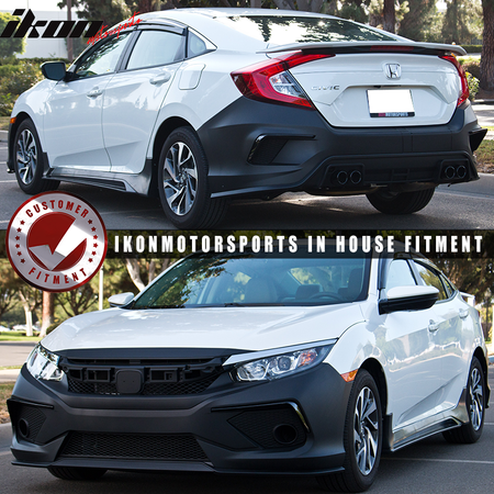 IKON MOTORSPORTS, Front + Rear Bumper Cover + Side Skirts Compatible With 2016-2021 Honda Civic Sedan, Bumper Cover Conversion Replacement Side Skirt Extensions 2P, 2017 2018 2019 2020