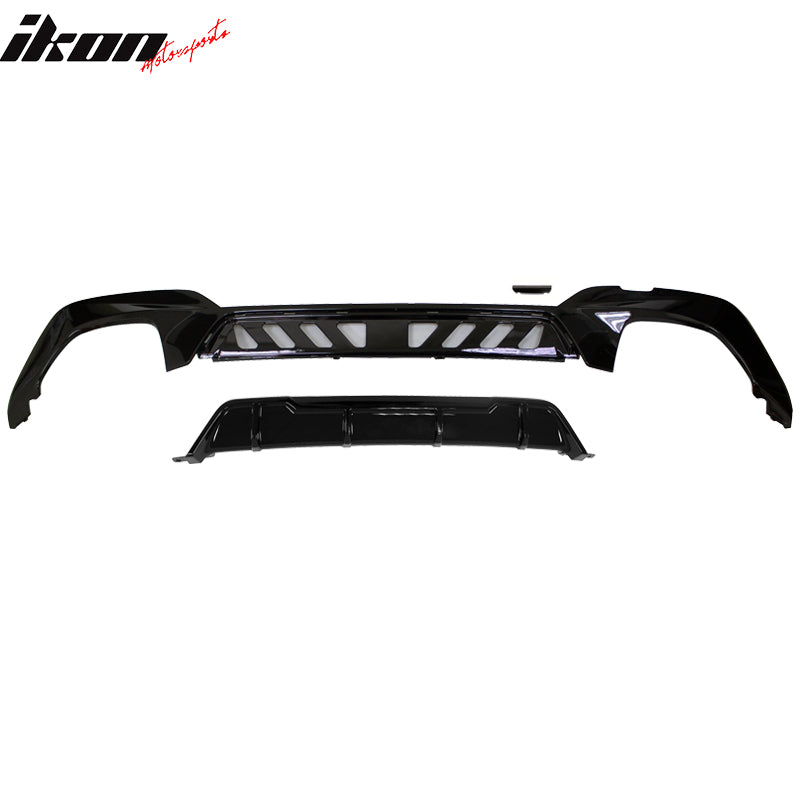 IKON MOTORSPORTS, Rear Diffuser Compatible With 2019-2022 BMW G20, 3 Series Gloss Black M340 Style Rear Bumper Lip Spoiler with Square Exhaust Tip 4 Blade