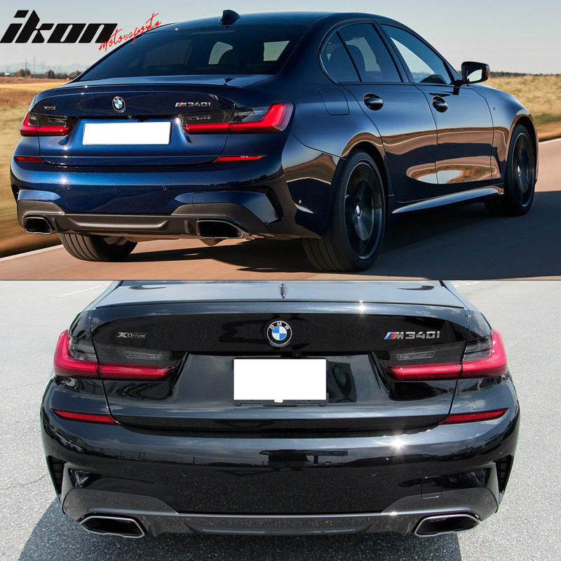IKON MOTORSPORTS, Rear Diffuser Compatible With 2019-2022 BMW G20 3 Series M340i, M-Tech M Sport Style Square Outlet Rear Bumper Lip Valance Spoiler Bodykit, 2020 2021