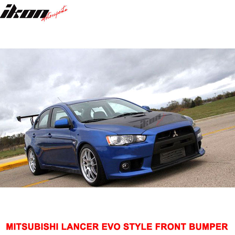 Compatible With 2008-2015 Mitsubishi Lancer EVO Front Bumper Cover Conversion + Black Grill Grille + Fog Cover PP By IKON MOTORSPORTS, 2009 2010 2011 2012 2013 2014