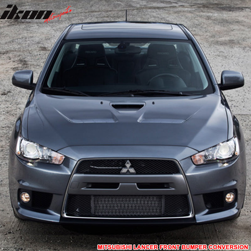 Compatible With 2008-2015 Mitsubishi Lancer EVO, Front Bumper Cover Conversion +Chrome Grill Grille + Fog Cover PP By IKON MOTORSPORTS, 2009 2010 2011 2012 2013 2014