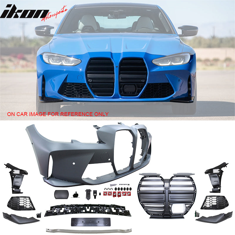 IKON MOTORSPORTS, Front + Rear Bumper Cover + Side Skirts Compatible With 2019-2022 BMW 3 Series G20 Sedan 4-Door, Unpainted M3 Style Rear Bumper Conversion Round Tips Outlet Diffuser Set