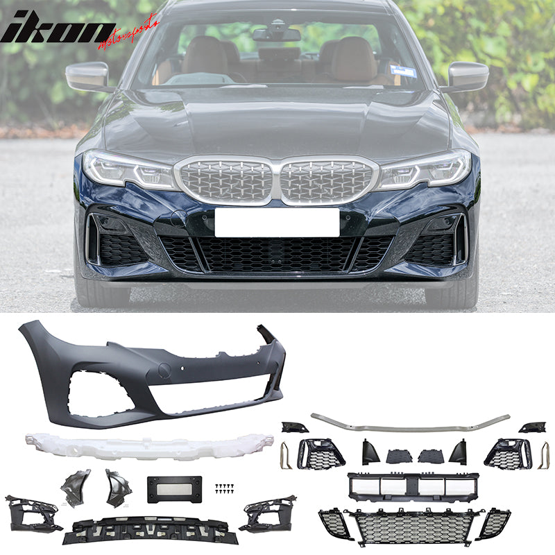 IKON MOTORSPORTS, M340 Style Front/Rear Bumper Covers W/ Sensor Holes/ Fog Covers No ACC + M-Tech Style Side Skirts Compatible With 2019-2022 BMW G20 Sedan 4-Door, Unpainted Black Bumper Cover Fascia