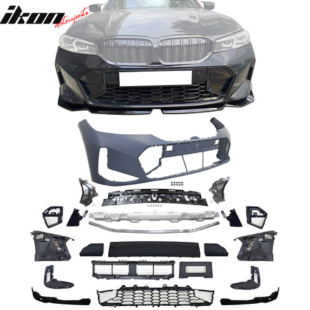 IKON MOTORSPORTS, Front Rear Bumpers& Side Skirts& Rocker Panels Compatible With 2023-2025 BMW G20 3-Series LCI 330i, M-Performance Style Black Bumper Cover w/ Park Assist & Sensor Hole, No ACC