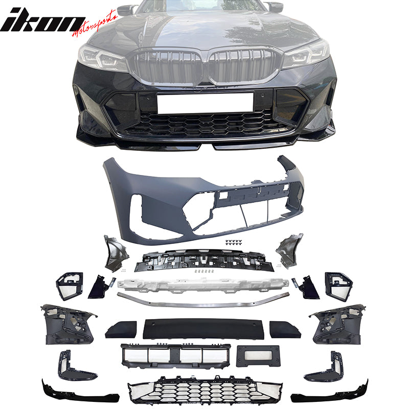 IKON MOTORSPORTS, Front Rear Bumpers& Side Skirts& Rocker Panels Compatible With 2023-2025 BMW G20 3-Series LCI 330i, M-Performance Style Black Bumper Cover w/ Park Assist & Sensor Hole, No ACC