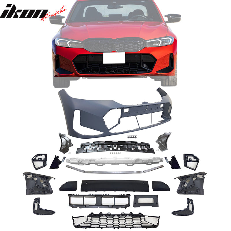 IKON MOTORSPORTS, Front + Rear Bumper Cover + Side Skirts w/ Light Compatible With 2023-2025 BMW G20 3-Series LCI, M-Sport Style Black Conversion Guard & M-Tech Style Rocker Panel Extension