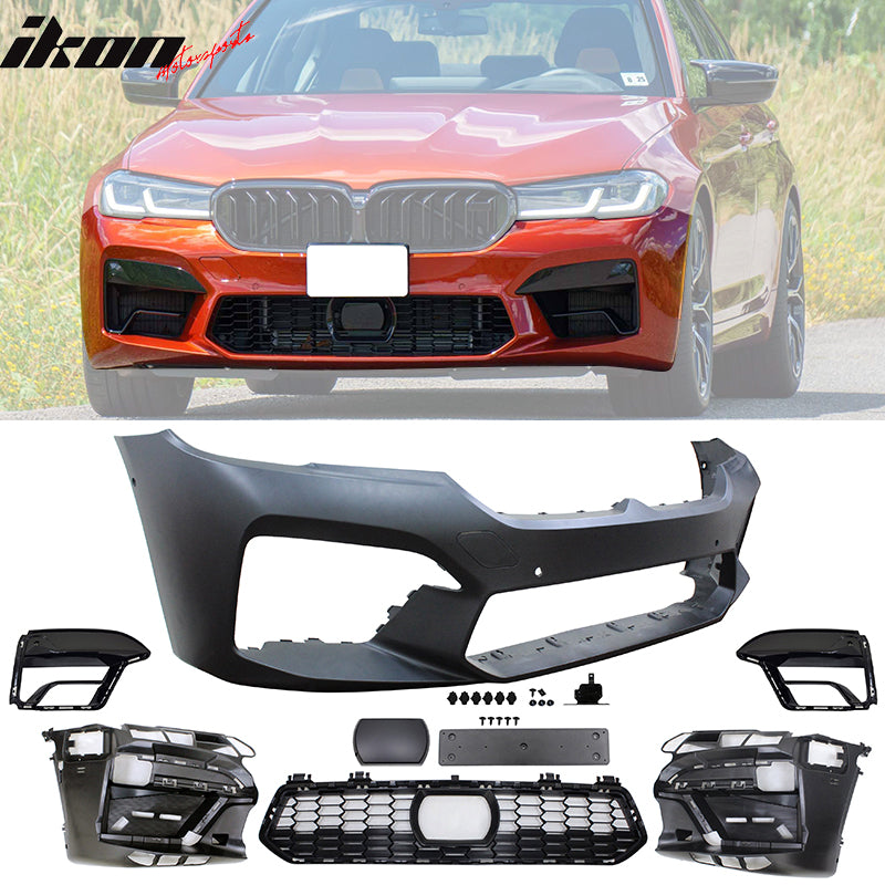 IKON MOTORSPORTS, Front Bumper Cover + Front Lip Compatible With 2021-2023 BMW G30 5 Series, LCI Unpainted M5 Style Front Bumper Conversion With Sensor Holes Park Asst ACC Cover & Air Dam Chin Spoiler