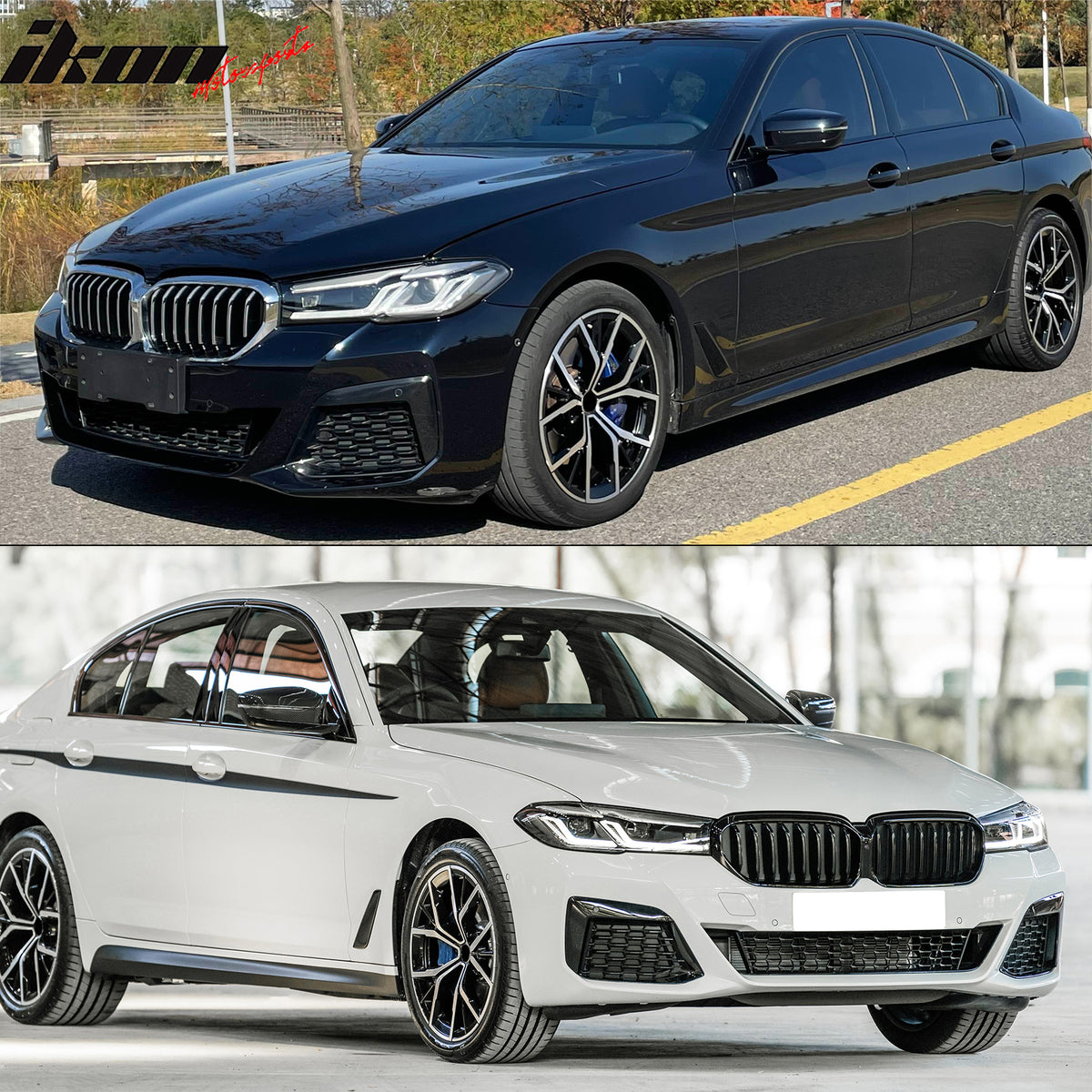IKON MOTORSPORTS Front Bumper Covers, Compatible with 2021-2023 BMW G30 5-Series 530e/530i/540i/550i/M5/M550i, M-Tech/M Sport Style Unpainted Black PP Replacement Bumper Conversion Bodykit w/ Grille