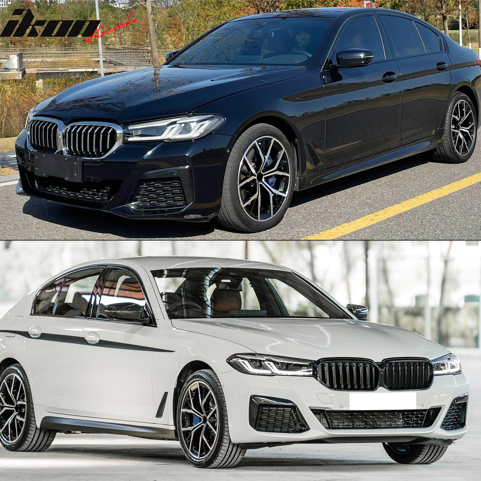 IKON MOTORSPORTS Front Bumper Covers, Compatible with 2021-2023 BMW G30 5-Series 530e/530i/540i/550i/M5/M550i, M-Tech/M Sport Style Unpainted Black PP Replacement Bumper Conversion Bodykit w/ Grille