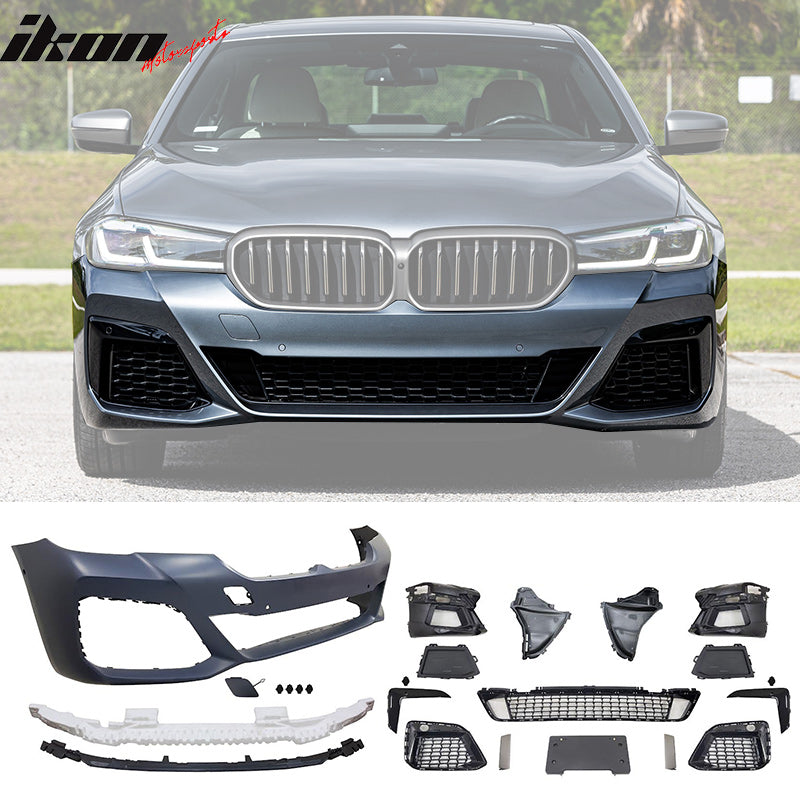 IKON MOTORSPORTS, Front Bumper Cover with 3PC Lip + Rear Bumper Cover with Diffuser + Side Skirts Compatible With 2021-2023 BMW G30 M Sport, M550 Style Unpainted Bumper M Performance Type 1 Diffuser