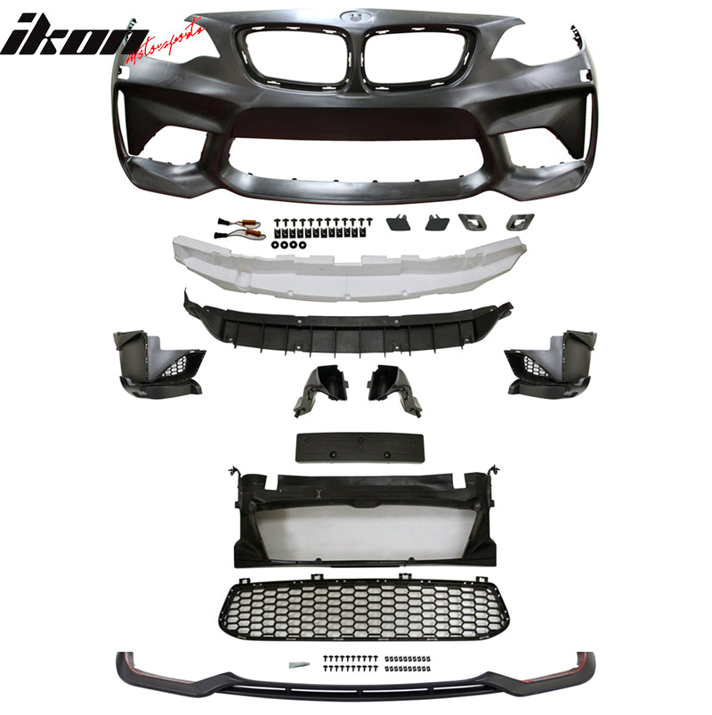 IKON MOTORSPORTS Front Bumper Compatible With 2014-2021 BMW F22 F23 2 Series, M2 Style PP Bumper Conversion Cover & Front Lip Spoiler