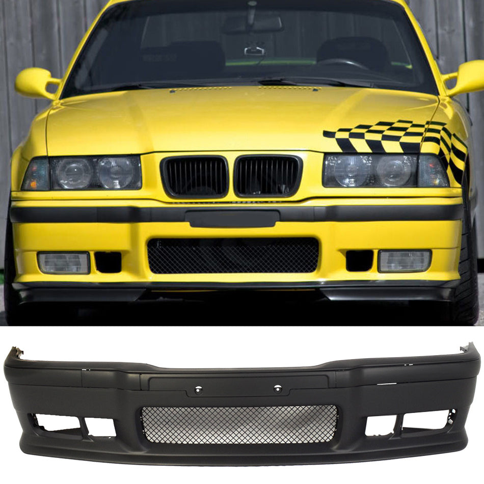 Front Bumper Compatible With 1992-1998 BMW E36 3-Series, Unpainted Black Cover Guard Protection Conversion Factory Replacement Exterior Body Kit by IKON MOTORSPORTS, 1993 1994 1995 1996 1997
