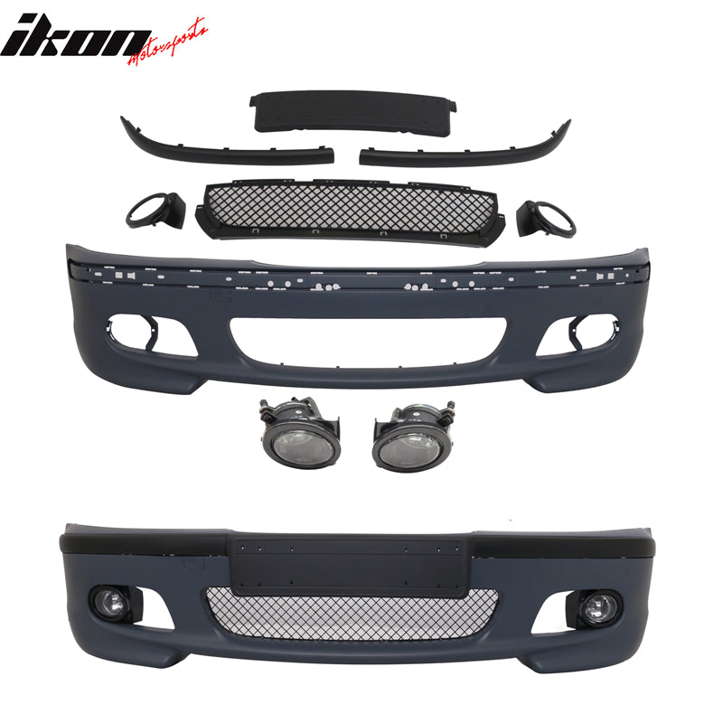 Front Bumper Cover Compatible With 1999-2005 BMW E46 3 Series, M Tech M Sport 4DR Sedan PP Unpainted Front Bumper Conversion With Fog Lights by IKON MOTORSPORTS, 2000 2001 2002 2003 2004