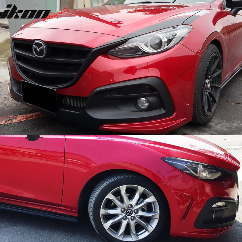 Front Bumper Cover Compatible With 2014-2016 Mazda 3, KS Style Black Front Bumper Conversion Guard With Grille by IKON MOTORSPORTS, 2015