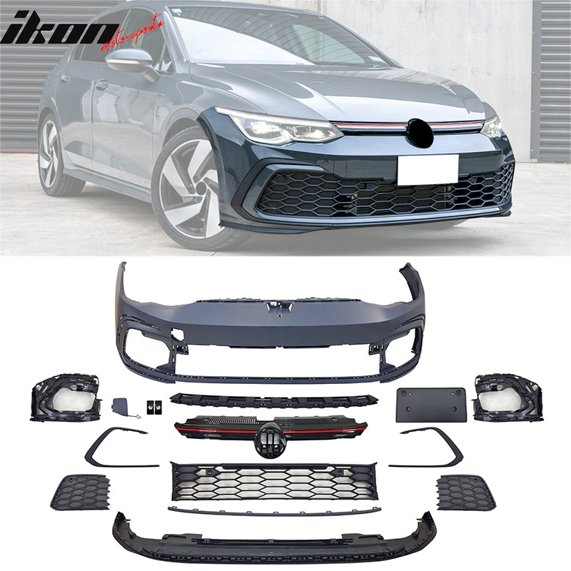 IKON MOTORSPORTS, Front & Rear Bumper Cover & Side Skirts Compatible With 2022-2024 Volkswagen Golf GTI MK8, GTI Style Front Rear Bumper Guard Conversion + Rocker Panel Extension Protector