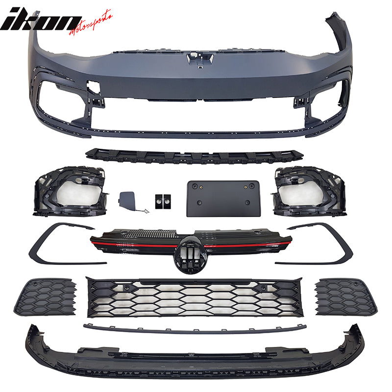 IKON MOTORSPORTS, Front Bumper Cover Compatible With 2022-2024 Volkswagen Golf GTI MK8, GTI Style Front Bumper Guard Conversion w/ Sensor Holes Park Assistant Brackets and Red Moulding Grille
