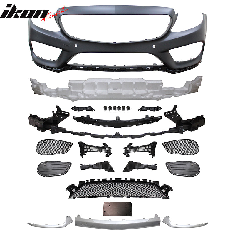 IKON MOTORSPORTS Front Bumper Compatible With 2015-2018 Benz C- Class W205, AMG Style PP Front Conversion Guard Cover