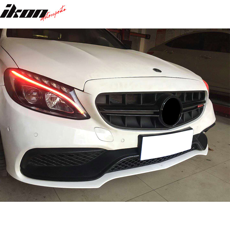 IKON MOTORSPORTS, Front Bumper Compatible With 2015-2018 Benz W205, C63 AMG Style PP Front Bumper Conversion Cover Guard w/ Upper Grille