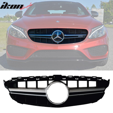 IKON MOTORSPORTS, Front Bumper Compatible With 2015-2018 Benz W205, C63 AMG Style PP Front Bumper Conversion Cover Guard w/ Upper Grille Silver