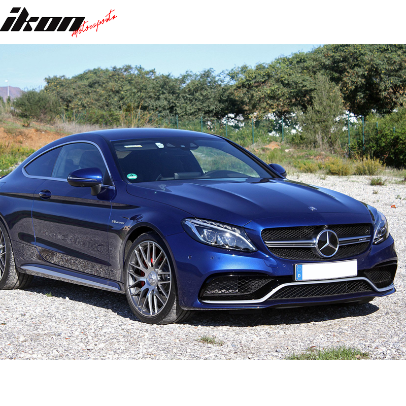 IKON MOTORSPORTS, Full Kits Compatible With 2015-2018 Benz C- Class W205, C63 AMG Style PP Front Rear Bumper Conversion w/ Silver Upper Grille Muffler Tips Guard Cover Side Extension