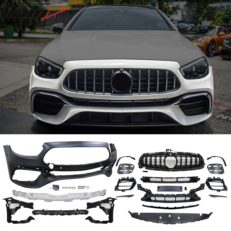 IKON MOTORSPORTS, Front Rear Bumper Covers & GT Style Grille & Side Skirts Compatible With 2021-2023 Mercedes-Benz W213 E-Class E53 AMG Models, Gloss Black E63 AMG Style Front Bumper Hood Grill