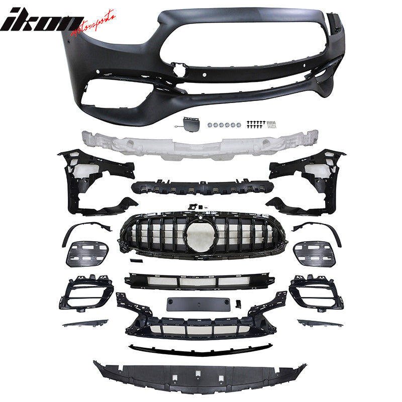 IKON MOTORSPORTS, Front Bumper Compatible With 2021-2023 Mercedes-Benz W213 E-Class E350 E450, E63 AMG Style Front Bumper Conversion Cover Guard W/ Gloss Black Grille & Sensor Holes, 2022