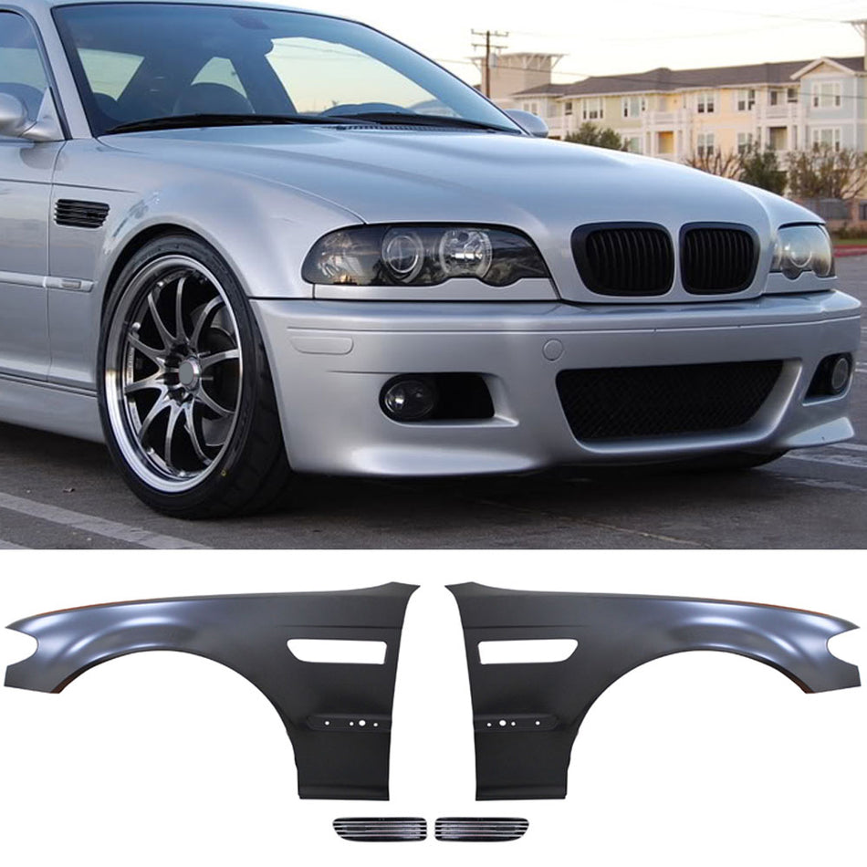 Fits 02-04 BMW E46 4D M3 Metal Fenders + Chrome Side Vent