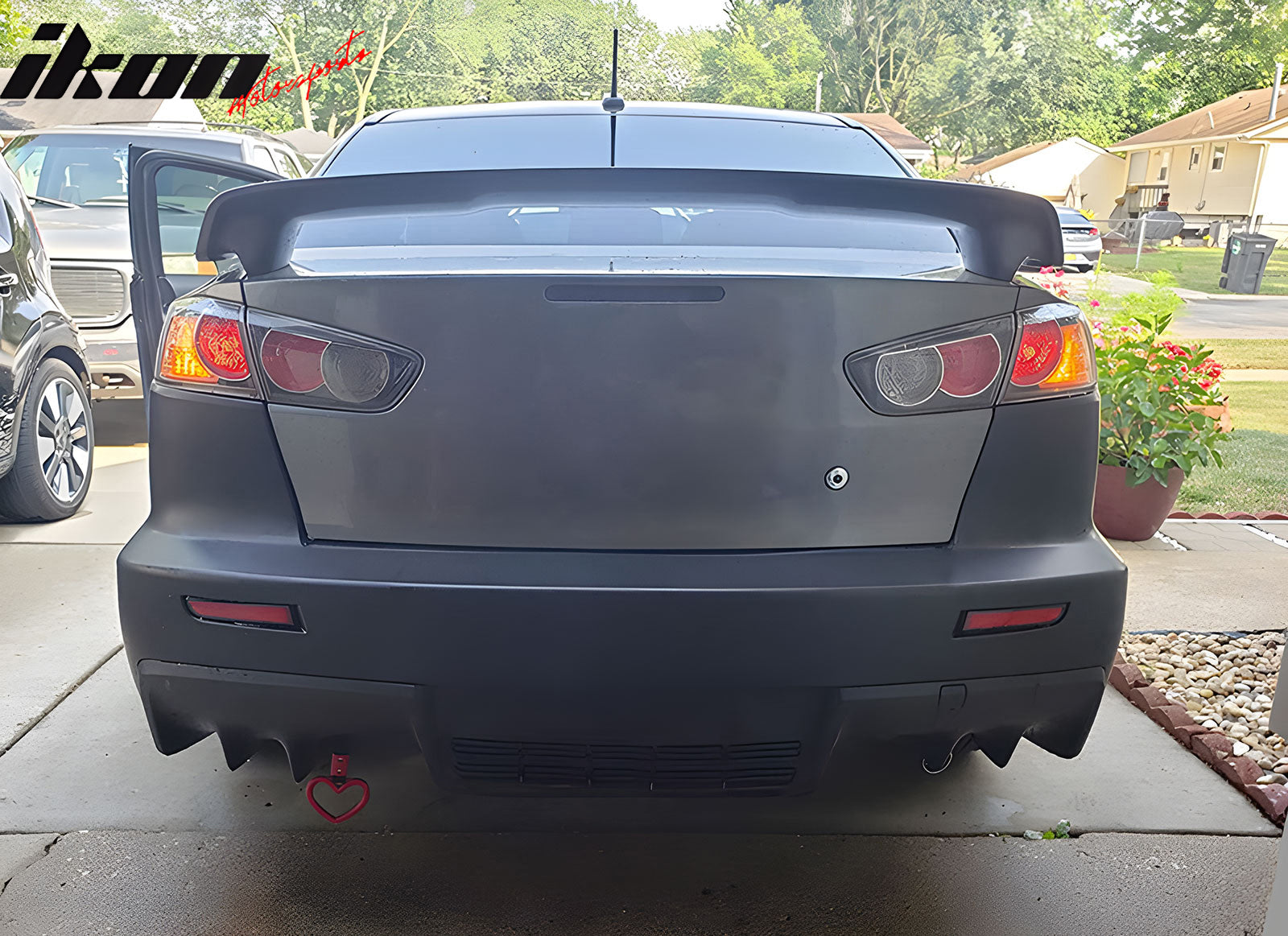 Rear Bumper Cover Compatible With 2008-2015 MITSUBISHI LANCER, EVO Style PP Rear Bumper Conversion Guard Protector Added On Bodykit by IKON MOTORSPORTS, 2009 2010 2011 2012 2013 2014