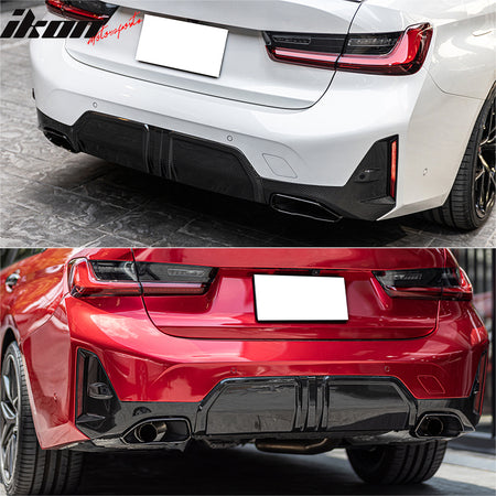 IKON MOTORSPORTS, Rear Bumper Cover Compatible With 2023-2024 BMW G20 3-Series LCI M340i Only, M-Performance Style Black Rear Bumper Conversion Guard w/ Park Assist & Park Sensor Hole