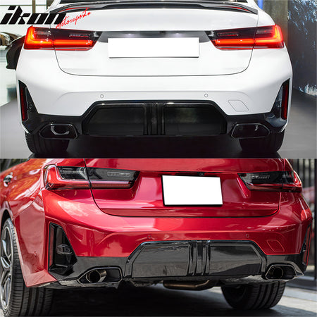 IKON MOTORSPORTS, Rear Bumper Cover Compatible With 2023-2026 BMW G20 3-Series LCI M340i Only, M-Performance Style Black Rear Bumper Conversion Guard w/ Park Assist & Park Sensor Hole