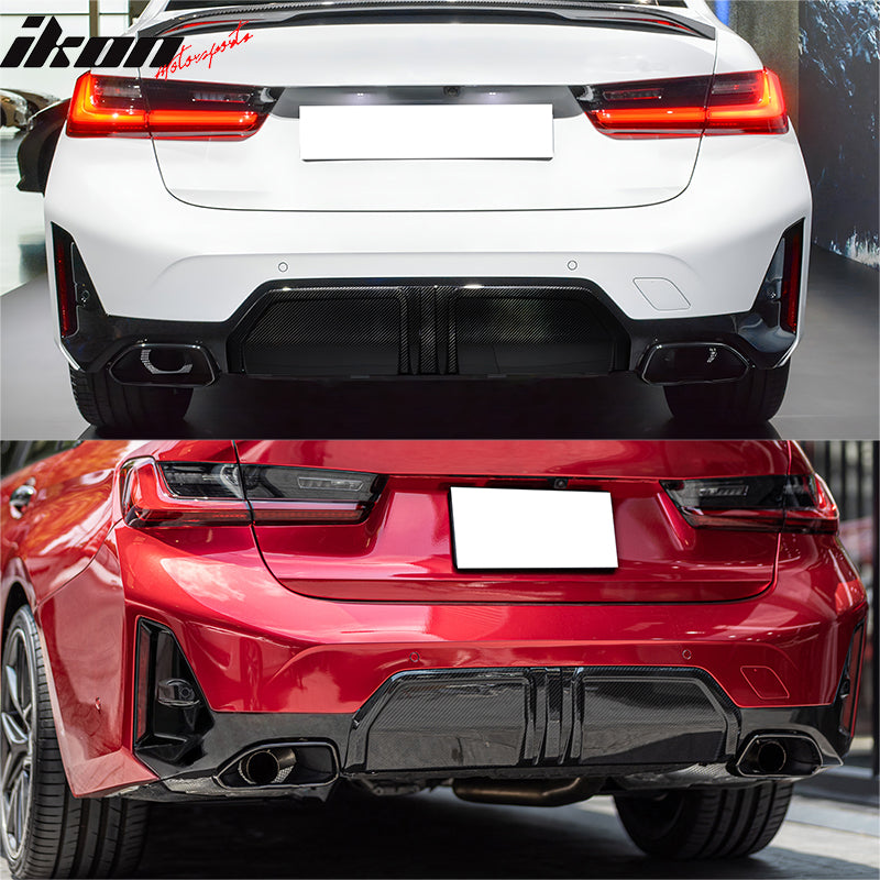 IKON MOTORSPORTS, Rear Bumper Cover Compatible With 2023-2026 BMW G20 3-Series LCI M340i Only, M-Performance Style Black Rear Bumper Conversion Guard w/ Park Assist & Park Sensor Hole