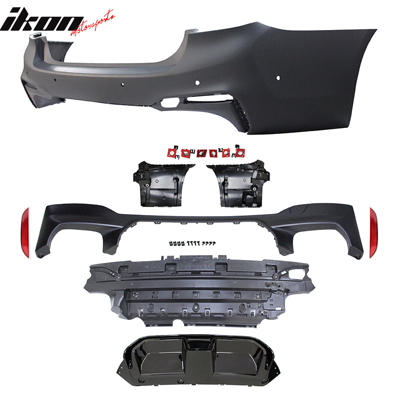 IKON MOTORSPORTS, Rear Bumper Cover Compatible With 2017-2020 BMW G30 G31 5 Series, Unpainted CS Style Rear Bumper Conversion With Sensor Holes Park Asst ACC Cover