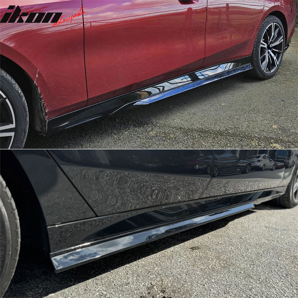 IKON MOTORSPORTS, Side Skirts Extension + 2PCS MP Style Rocker Panel Compatible with 2024-2026 BMW G60 5-Series Sedan, M-Sport Style Gloss Black  Splitter Side Underbody Spoiler 2PCS