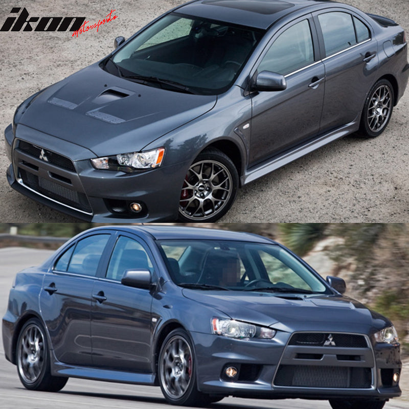 Side Skirts Compatible With 2008-2015 Mitsubishi Lancer EVO, Side Skirts Extension Pair 2PC Unpainted Black EVO Style by IKON MOTORSPORTS, 2009 2010 2011 2012 2013 2014
