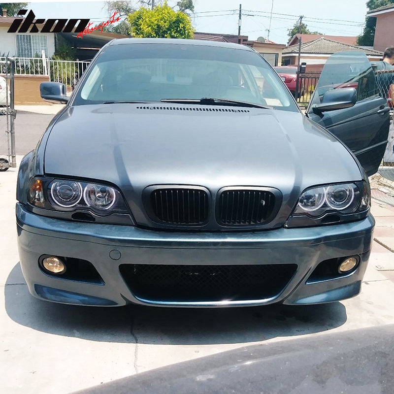 Front Bumper Conversion Compatible With 1999-2005 BMW E46 3 Series 4 Door Sedans, M3 Style PP Black Bumper Cover Conversion Bodykit by IKON MOTORSPORTS, 2000 2001 2002 2003 2004