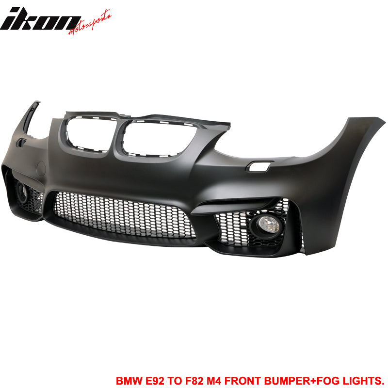 Front Bumper Conversion Compatible With 2011-2013 E92 E93 LCI, M4 Style Unpainted Black Polypropylene PP Bumper Cover With Fog Light & V2 Front Lip by IKON MOTORSPORTS, 2012