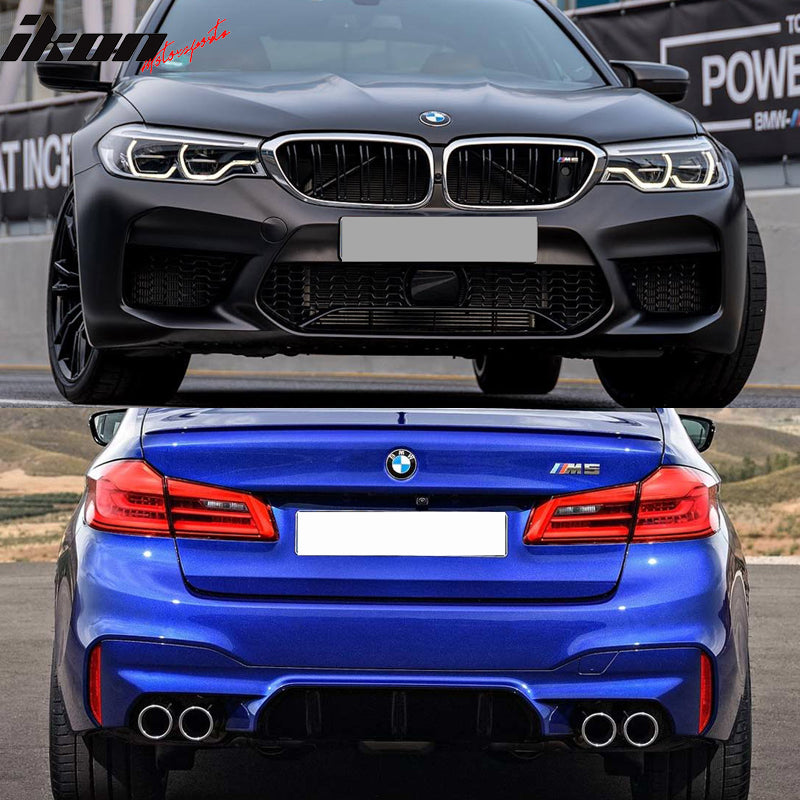 Front & Rear Bumper Cover Compatible With 2017-2020 BMW G30, 4DR Sedan M5 Style Front Bumper Conversion Replacement PP Rear Bumper Lip Diffuser by IKON MOTORSPORTS, 2018 2019