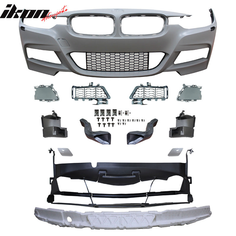 Front Bumper Conversion Compatible With 2012-2018 BMW F30 4Dr, M-Tech Style Unpainted PP Front Bumper Aftermarket Replacement Parts by IKON MOTORSPORTS, 2013 2014 2015 2016