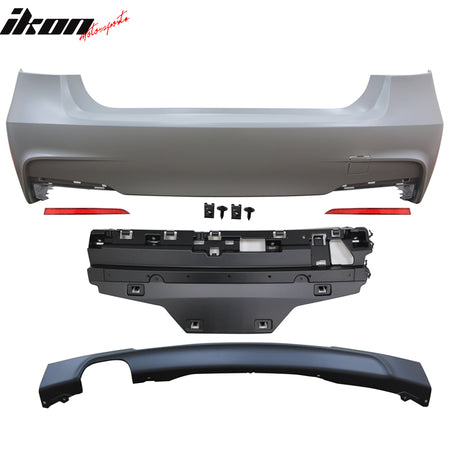 Rear Bumper Cover Compatible With 2012-2018 BMW F30, 328i 3 Series M-Tech Rear Bumper Conversion Diffuser Twin Muffler Single Outlet by IKON MOTORSPORTS, 2013 2014 2015 2016
