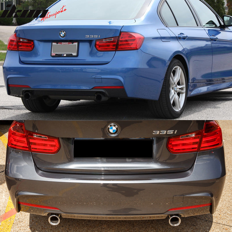 Rear Bumper Cover Compatible With 2012-2018 BMW F30, 3 Series M-Tech M Sport Rear Bumper Conversion Diffuser Single Muffler Twin Outlet by IKON MOTORSPORTS, 2013 2014 2015 2016 2017